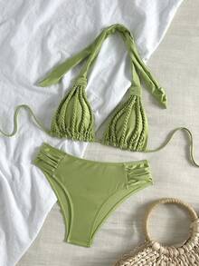 Bonvoyette Conjunto de bikini de halter elegante y casual para vacaciones, traje de baño hecho a mano con cuerda para fiesta en la piscina de la isla - Verde - Ver 2