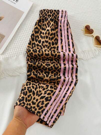 Sparklyn Broek met elastische tailleband en luipaardprint en strepen voor jonge meisjes