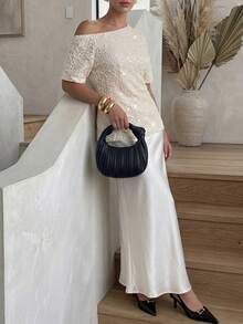 Lavishia 女士奢华亮片刺绣不对称肩部上衣，优雅适合度假、外出、派对、婚礼季、春夏穿着 - 杏色 - 查看 5