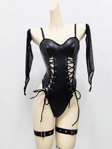 SHEIN 5 件装 漆皮索环前系带吊袜带泰迪熊连体衣套装 内衣 狂欢 - 黑色 - 查看 5