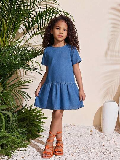 Young Girl Round Neck Ruffle Casual Party & Outing Denim Dress