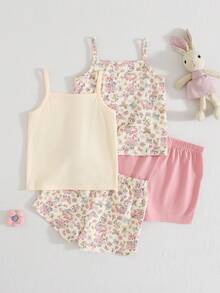 Bộ 4 món cho bé gái, gồm áo hai dây dệt kim mềm mại in hoa và quần short cạp chun. - Nhiều màu - Xem 2