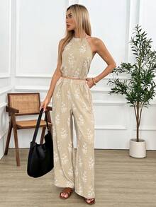 Easowa Women's Vacation Embroidered Halter Top And Wide Leg Pants Casual 2 Pieces Set Two Piece Set For Women Coords For Women Casual Classy Apricot Halter-Neck Top And Long Pants Set Birthday Outfits For Women Jumpsuit Floral Jumpsuit For Women Elegant Jumpsuits For Woman Elegant For Party Rompers And Jumpsuits For Women Backless Jumpsuits Vacation Outfits Women - Khaki - View 5