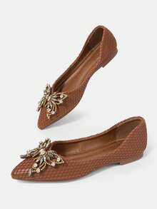 CUCCOO HITCHD Pointed Flat Bottom Comfortable And Fashionable Versatile Fairy Rhinestone Butterfly Flower Boy Soft Sole Brown Low Vamp Flat Shoes - Brown - View 6