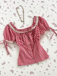 Flirla Women's Summer Plaid Print Square Collar, Lace Trim Chest Tie, Back Shirred Blouse Vacation Red And White Plaid Cute - Red - View 4