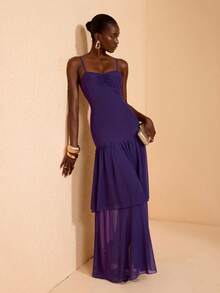 JIAN LASALA Vestido maxi de vacaciones con doble capa, ajustable y con pliegues oversize para mujeres - Morado - Ver 6