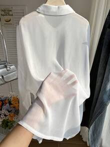 Comfortcana 大码女式休闲透视宽松长袖开襟衬衫，适合夏季、秋季、上学、约会、下午茶、海滩、夏威夷、日常穿着 - 白色 - 查看 2