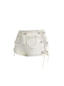 ROMWE Hippie Music Festival Sexy Frayed Hollow Out Lace-Up Super Low Waist Mini Denim Shorts For Women - White - View 1