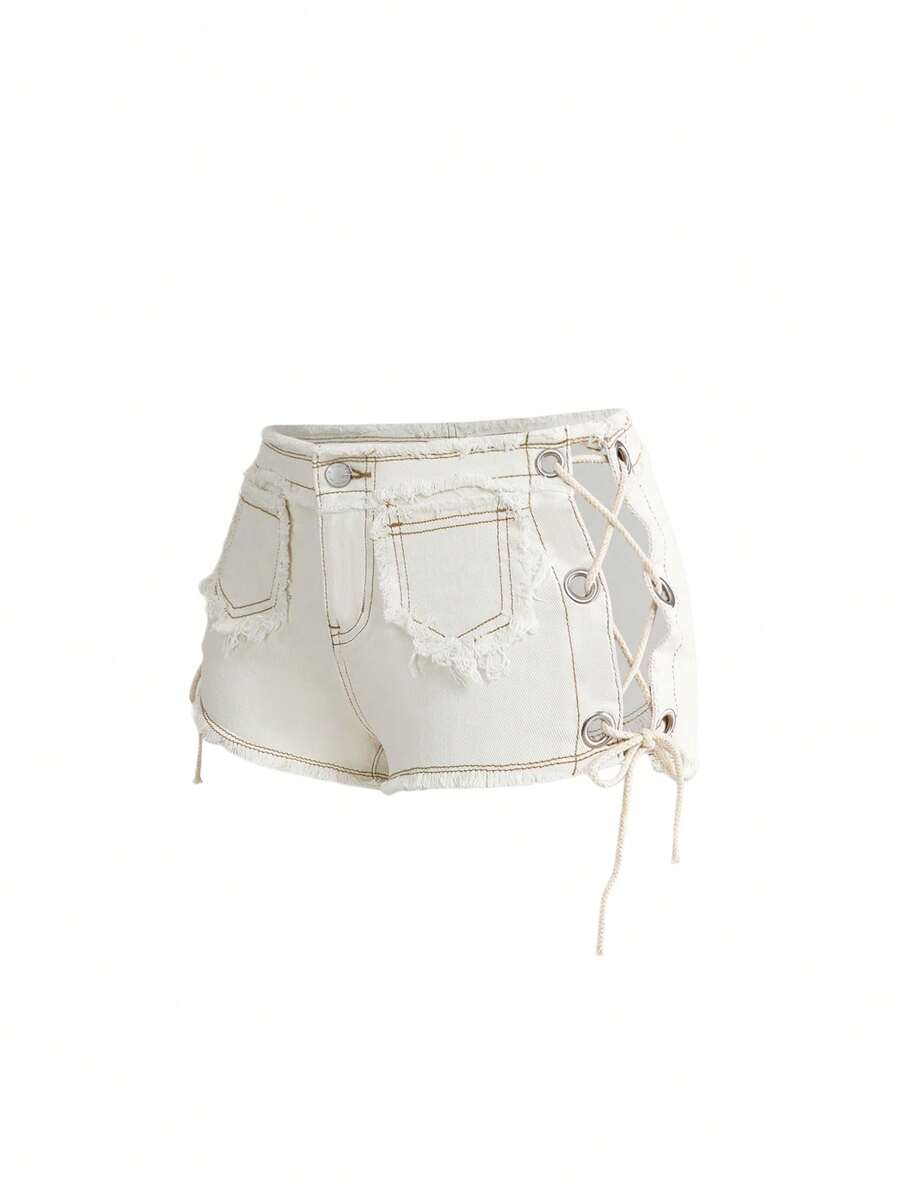 ROMWE Hippie Music Festival Sexy Frayed Hollow Out Lace-Up Super Low Waist Mini Denim Shorts For Women - White - View 1