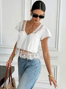 Serisse Women's Contrast Lace Short Sleeve Loose Blouse,Summer Top - White - View 5