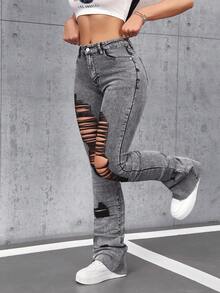 SHEIN Tall Quần jeans nữ có túi, cài nút, kiểu dáng rách, thoải mái, đa năng, thích hợp mặc hàng ngày. - Xám - Xem 7