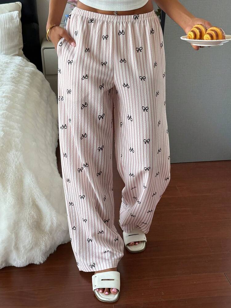 Women's Lightweight Bowknot Striped All-Over Print Loose Pajama Bottoms, Summer