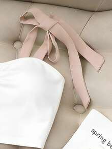 Resyla 夏季新款性感吊带撞色蝴蝶结前褶皱露脐吊带背心+卡其色短裤两件套，女士系带短裤套装，春夏女士两件套，女士夏季休闲装，适合度假、约会等场合 - 粉色 - 查看 6