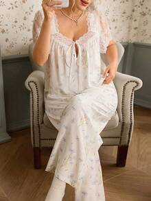 CottageSlumber Woven Ditsy Floral Print Lace Patchwork Short Sleeve Pants Plus Size Pajama Set - White - View 6
