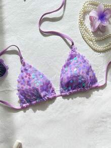 Swim Vcay 性感亮片纹理挂脖三角比基尼上衣，春夏度假性感女士泳装套装 - 中紫紅色 - 查看 4