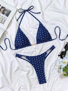 Swim Mod Women's Polka Dot Halter Strap Sexy Bikini Set, Beach Style For Summer Beach Vacation - Multicolor - View 3