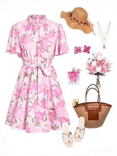 Ellevyn Vestido corto elegante de manga corta con estampado floral, cuello y cinturón