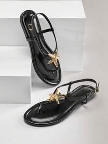 VACAZURE SeaGleam Women's Metallic Starfish Decor Pu Black T-Strap Sandals – Chic, Beachy & Comfortable. - Black - View 1