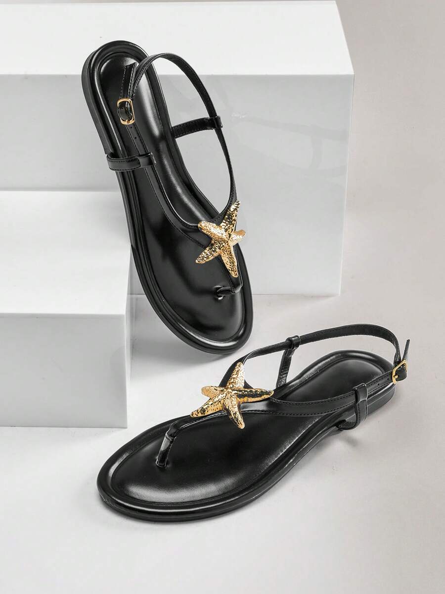 VACAZURE SeaGleam Women's Metallic Starfish Decor Pu Black T-Strap Sandals – Chic, Beachy & Comfortable. - Black - View 1