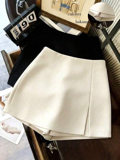 EMERY ROSE Plus Size Women's Fashionable Casual Versatile Textured Soft Fabric High Waist Slit Shorts/Skirt/Capri Pants/Hotpants, Spring & Autumn