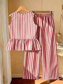 SHEIN Tween Girl Striped Ruffle Hem Sleeveless Top And Pants 2 Pieces Set - Multicolor - View 2