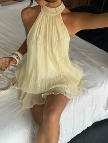 Aloruh Women's Cream Elegant Halter Neck Soft Crepe Tie Mini Dress,Summer Boho Beach Vacation Holiday Resort Wear,Backless Fitted Sundress,Cruise Outfit - Light Yellow - View 7
