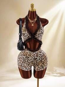 Amplova Women's Leopard Print Vintage Sexy Sheer Low-Cut Jumpsuit With Ruffle Hem, Suitable For Spring/Summer Vacation Boho Chic Daring Style, Brown Leopard Print Jumpsuit - Brown - View 4