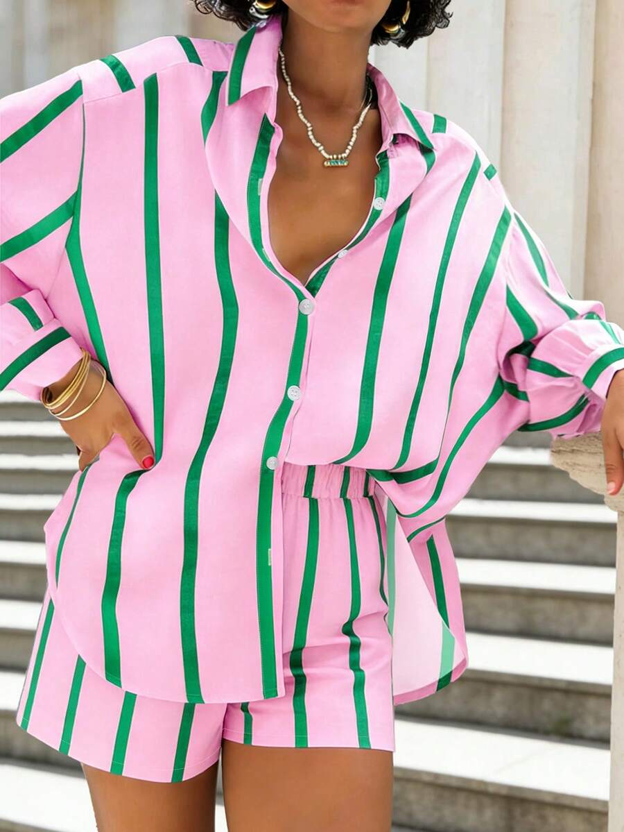 INAWLY Women's Casual Vacation Contrast Stripe Loose Fit Drop Shoulder Long Sleeve Shirt And Shorts 2-Piece Set, Spring/Summer - Pink - View 1