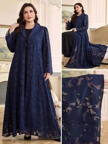 Al Najma Áo choàng Abaya Ả Rập dáng rộng, thắt eo, tay dài, cỡ lớn dành cho nữ - Màu xanh hải quân - Xem 5