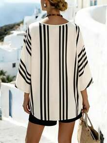 SHEIN Holidaya 春夏新款高端法式装饰纽扣条纹优雅女士衬衫，女士春夏衬衫，女士度假衬衫，短袖上衣，春季服装，夏季套装，女士条纹上衣，女士春夏衬衫，度假装，短袖 - 杏色 - 查看 2