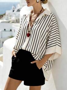 Breezaya 女士夏季休闲简约风斜纹条纹现代几何线条分肩修身衬衫，时尚百搭，适合工作场合 - 白色 - 查看 4