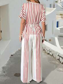 SHEIN Holidaya Women's Elegant Casual Vacation Striped 2 Pieces Set - Red - View 2