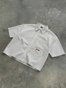 SUMWON Mens Crop Fit Checkered Button Down Short Sleeve Shirt Contrast Embroidery Casual Summer Cotton Blend Collared Top - Black and White - View 3