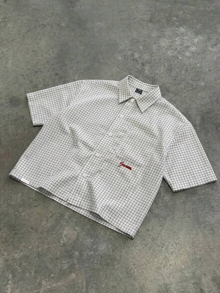 Męska koszula w kratkę z krótkim rękawem i guzikami, z kontrastowym haftem, na co dzień, na lato, z mieszanki bawełny, z kołnierzykiem