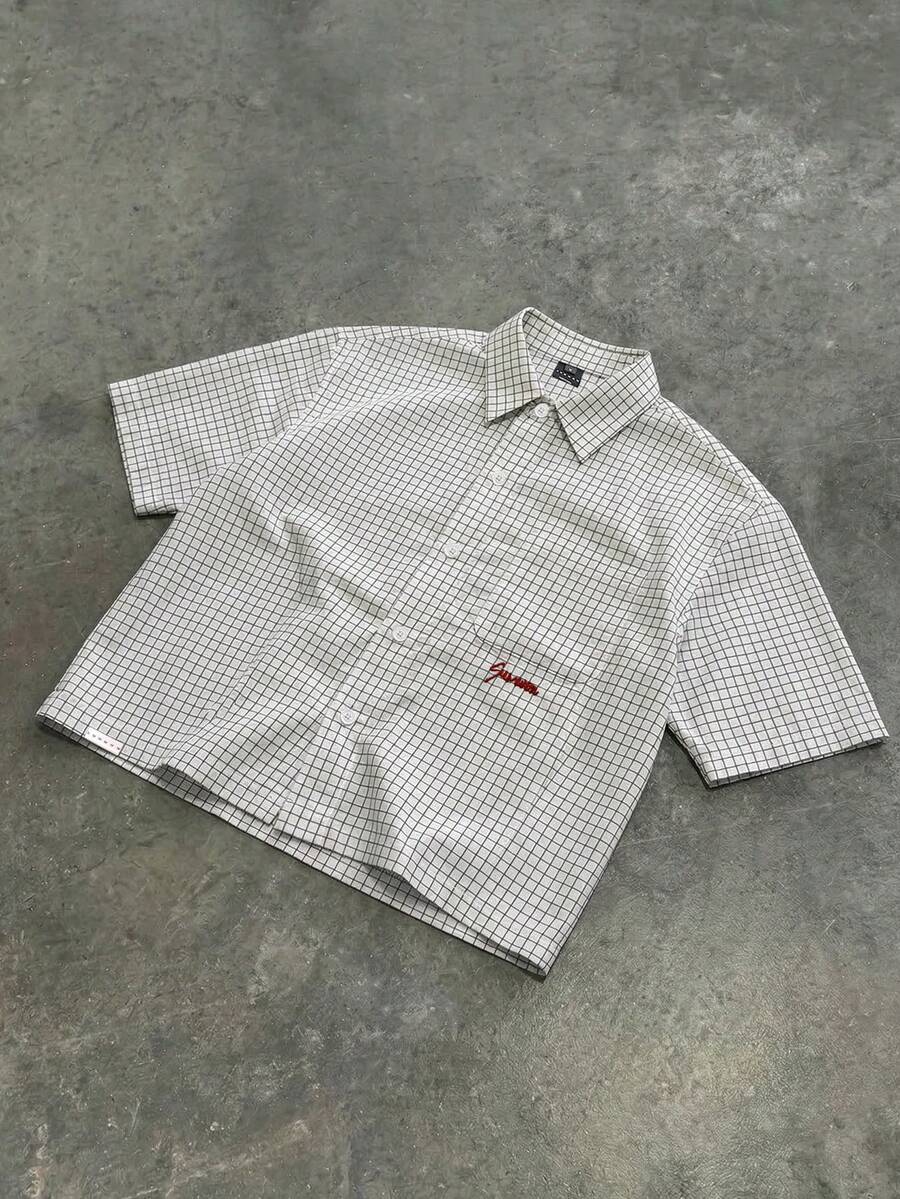 SUMWON 男士修身格纹短袖衬衫，撞色刺绣，休闲夏季棉混纺翻领上衣 - 黑與白 - 查看 1