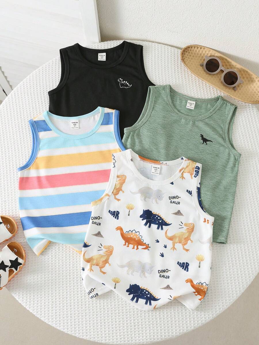 SHEIN Mua 3 tặng 1, bộ 4 áo tank top thoải mái, đa năng, họa tiết khủng long dễ thương và sọc màu sắc cho bé trai và bé gái, phù hợp cho mùa xuân/hè, mặc hàng ngày, thể thao, dã ngoại, đi học, dự tiệc, kỳ nghỉ, chụp ảnh, mùa tựu trường.