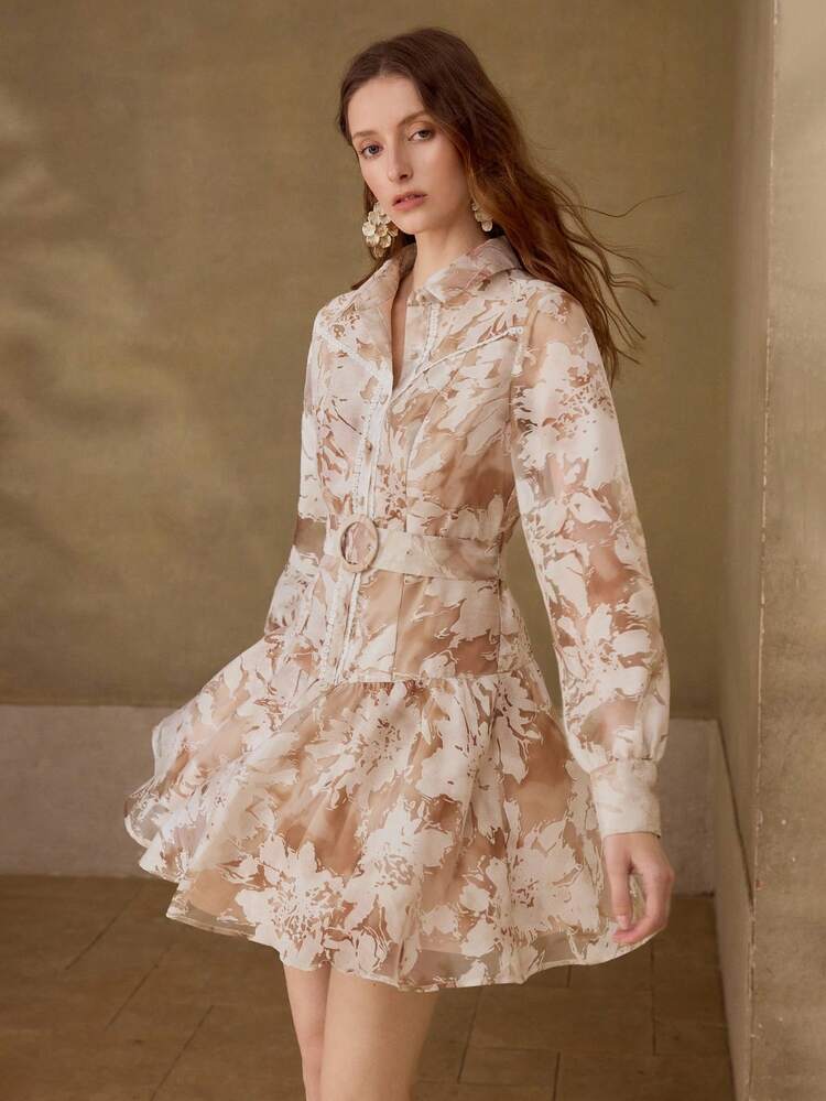 SPRING/SUMMER WOMEN'S FRENCH STYLE FASHION SHIRT COLLAR LONG SLEEVE LACE TRIM PRINTED RUFFLE HEM WAIST CINCHED A-LINE RUFFLE HEM FLORAL PRINT DRESS
