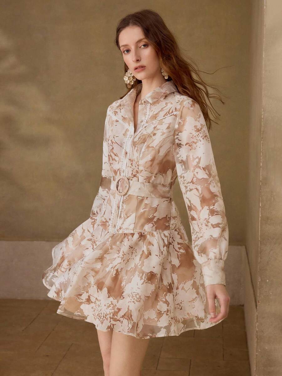 MOTF PREMIUM SPRING/SUMMER WOMEN'S FRENCH STYLE FASHION SHIRT COLLAR LONG SLEEVE LACE TRIM PRINTED RUFFLE HEM WAIST CINCHED A-LINE RUFFLE HEM FLORAL PRINT DRESS - Khaki - View 1