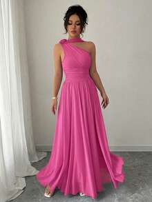 Elenzga 女士优雅度假及日常穿着欧美风不对称肩部花卉装饰连衣裙，适合外出、约会、度假、购物、娱乐等各种场合。 - 玫紅色 - 查看 6