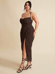 SHEIN BAE Plus Size Women's Summer Textured Sexy Split Thigh Formal Dress,Summer Dresses For Women,Wedding Guest Dress Women - Brown - View 6