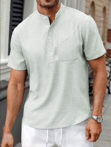 Manfinity CasualCool Men Dual-Color Chiffon Casual Stand Collar Short Sleeve Shirt, Formal - Gray green - View 5