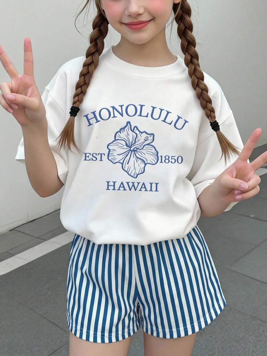 2 Stücke/Set Tween Mädchen Lässig Blume & Gestreift Kurzarm T-Shirt und Gestreifte Shorts, geeignet für Frühling/Sommer Alltag, Urlaub, Strand, Homecoming, Schulanfang - Verschiedenfarbig - Übersicht 1