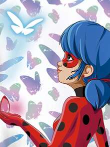 Miraculous Ladybug X SHEIN Áo thun ngắn tay cổ tròn in hình bướm và chân dung phong cách mùa hè cho bé gái. - trắng - Xem 4