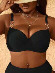 Swim Lushoire Top de traje de baño de talla grande para mujer, color negro sólido, con aro metálico, ajustable y con tirantes gruesos, nueva llegada 2026, gran - Negro - Ver 5