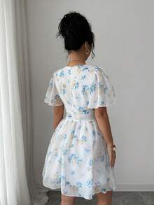 Modelyn 法国设计褶皱数码印花短款连衣裙，女士款 - 藍色 - 查看 2