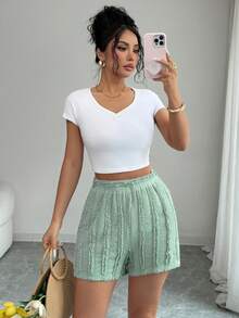Elenzga Women's Summer Vacation Beach Casual Textured Fabric Shorts - Green - View 5