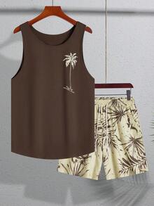 Manfinity RSRT Men's Casual Coconut Tree Print Tank Top Set, Summer, Holiday - Multicolor - View 5