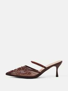 CUCCOO HITCHD Women Shoes Spring And Autumn New Elegant Temperament Mesh Embroidery Beaded Pointed Heel Medium Heel Retro Style Solid Color Women's High Heel Shoes Daily Commuting Dating Banquet Versatile Women's Shoes - Brown B - View 2