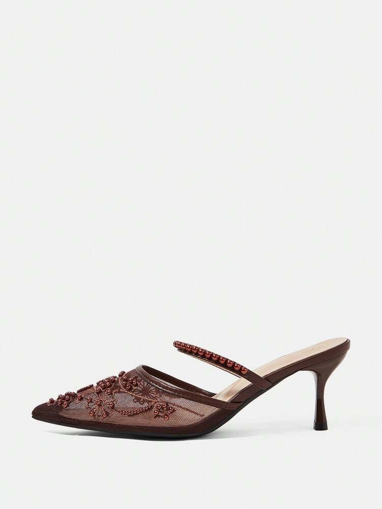 CUCCOO HITCHD Women Shoes Spring And Autumn New Elegant Temperament Mesh Embroidery Beaded Pointed Heel Medium Heel Retro Style Solid Color Women's High Heel Shoes Daily Commuting Dating Banquet Versatile Women's Shoes