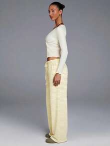 Fluxe Women's Striped Drawstring Waist Casual Versatile Daily Wear Wide Leg Pants Summer Outfits Summer Outfits Beach Outfits Casual Sets For Women Holiday Outfits Women's Sportswear Workout Sets For Women Yellow Striped Pants - Light Yellow - View 7
